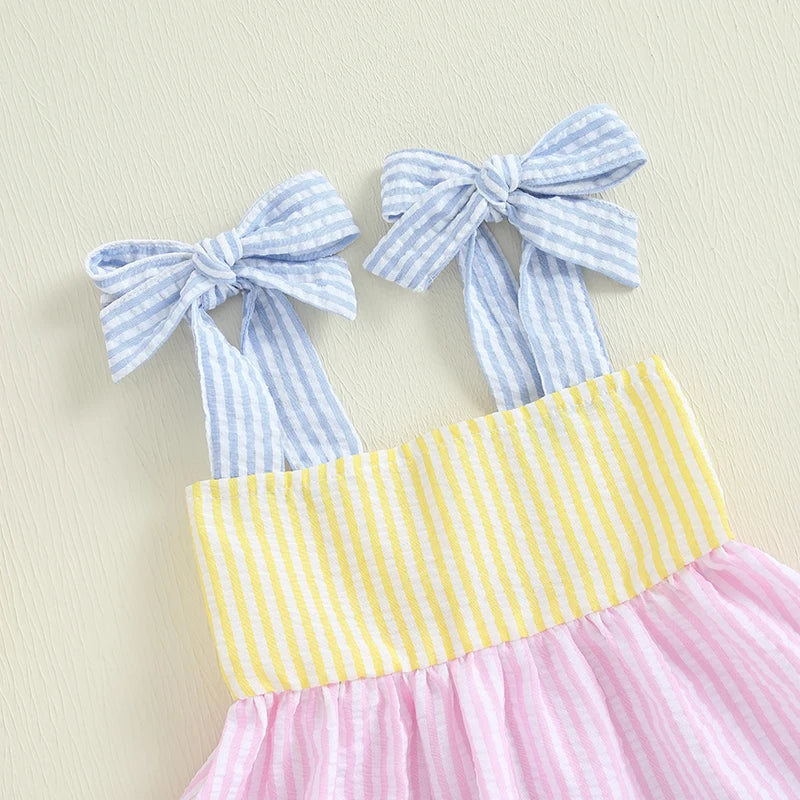 Close-up of the Sweet in Sun Seersucker 2 PC Shorts Set, highlighting the blue striped shoulder ties and vibrant yellow bodice.