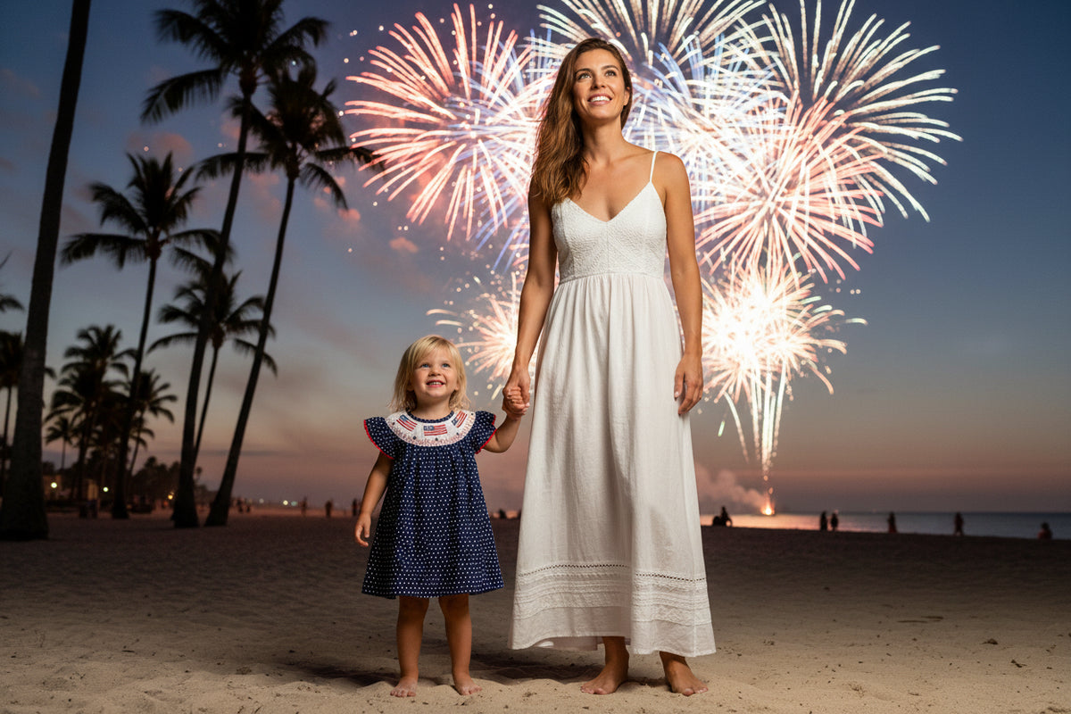 Navy blue dress with white polka dots and American flag details on a beige background