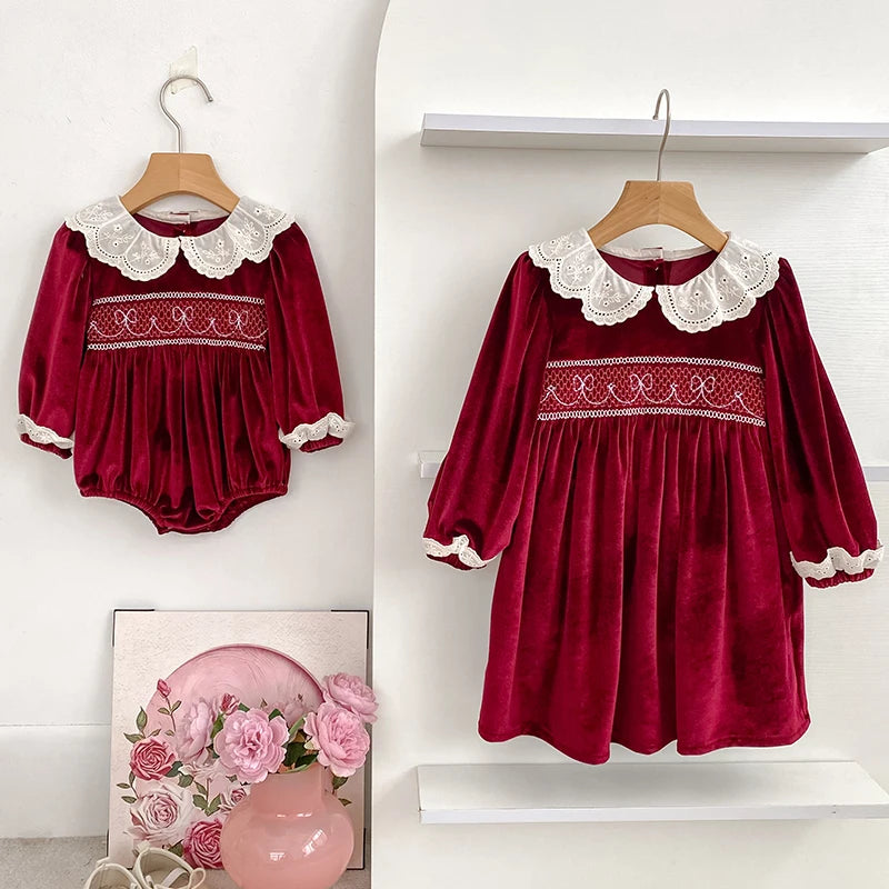 Deck the Halls Smocked Velvet and Frills Sibling Outfits in Deep Red - Matching romper and dress for siblings with vintage charm.