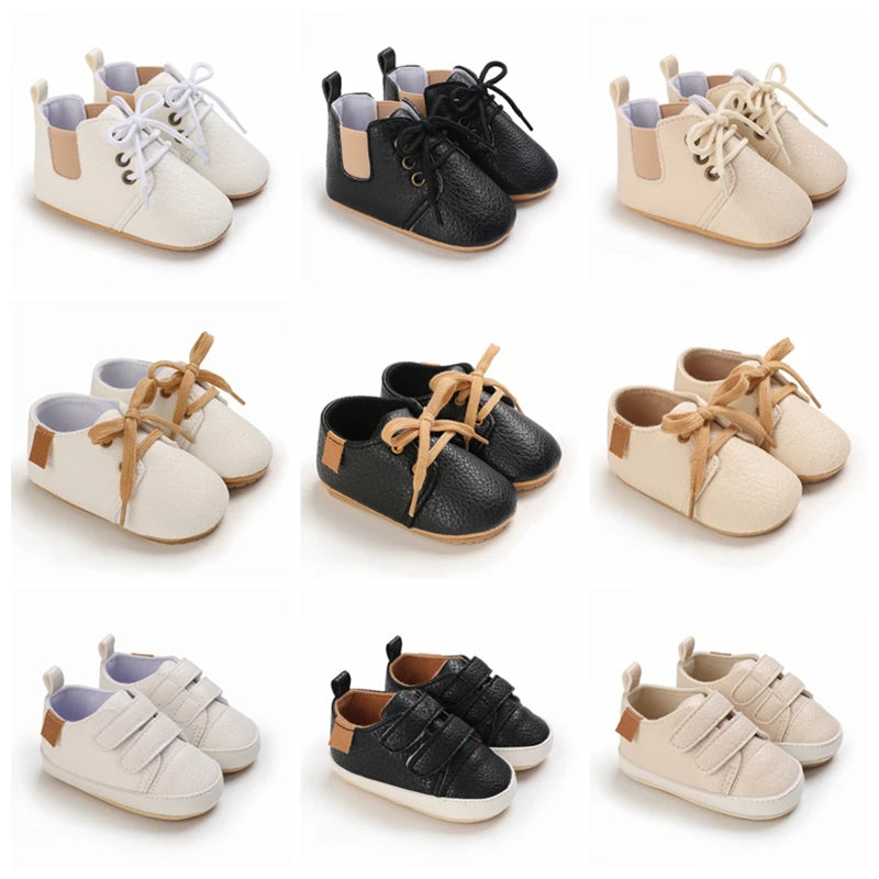 Collection of Retro-Baby Rubber Soled Lace-ups in various colors and styles, ideal for trendy outfits for infants.