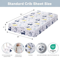 4-pack dinosaur-print microfiber crib sheets for babies, standard 52x28 in, 100% polyester, machine washable, US origin.