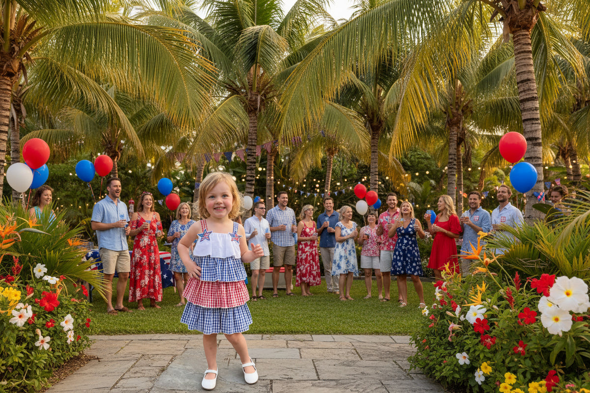 Pauline Patriotic Red, White, and Blue Tiered Toddler Party Dress - Adorable Frills - The Palm Beach Baby Esrimated 13-19 Day Shipping