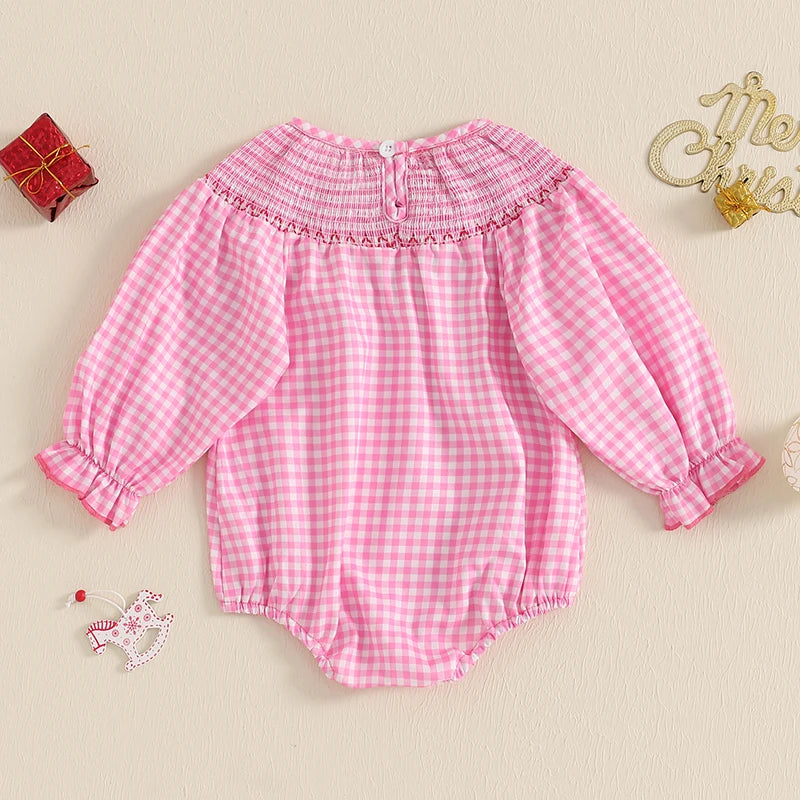Holiday Cuteness Smocked Baby Bubbles in pink gingham with a festive pumpkin motif, perfect for Christmas or family gatherings.