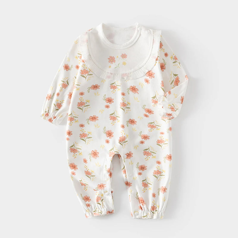 Frills and Fleurs Baby Rompers with a fresh white base and vibrant pink floral details, made from breathable cotton for little ones.