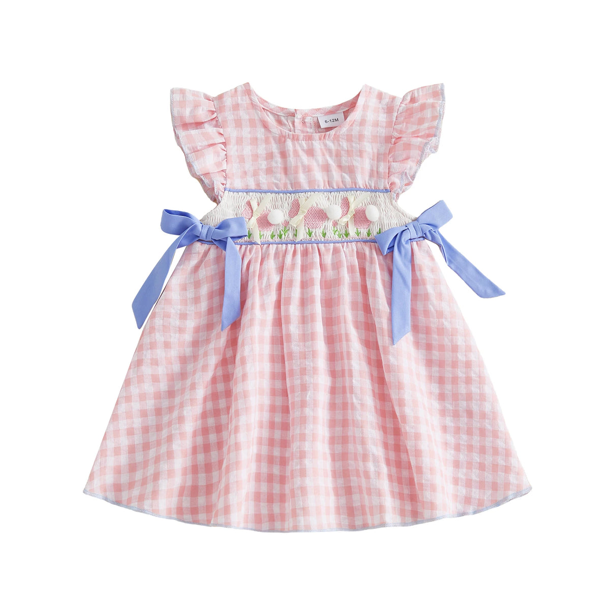 Frilly Bunnies Embroidered Dress in Palm Beach Pink with blue ribbons, gingham knee-length for ages 12m–5y