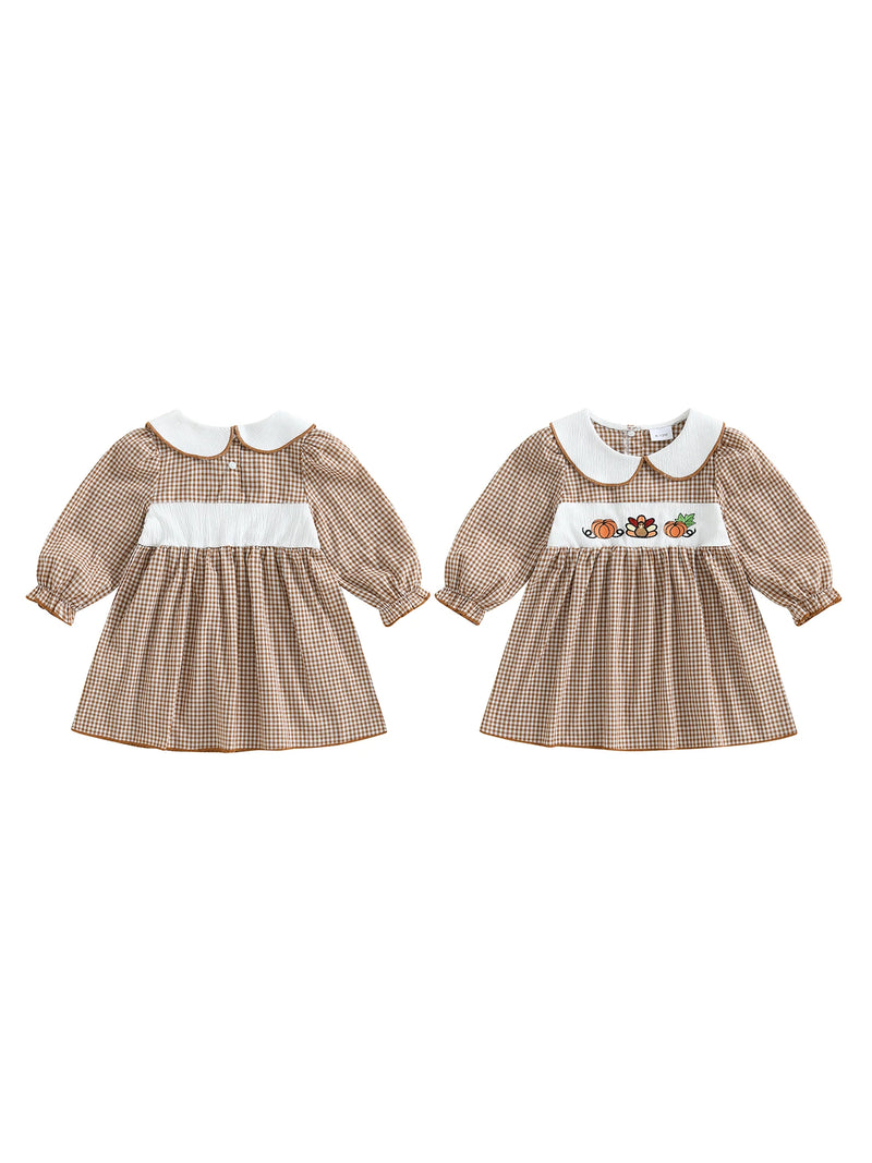 "Pumpkins and Turkey" Embroidered  Plaid Dress for Little Girls - 2 Colors