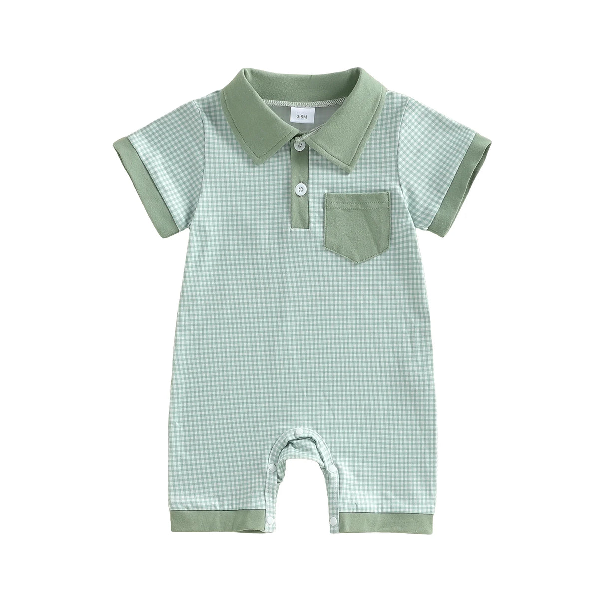 Colton polo boys plaid knit romper in sage green with turn-down collar and pocket detail.