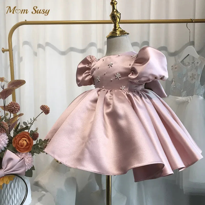 "Michelle" Elegant Beaded Dress in Princess Pink or Soft Blue - The Palm Beach Baby