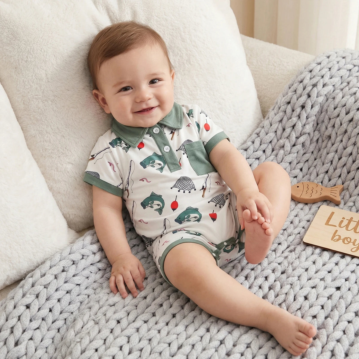 Adorable polo-style boys romper with green collar and pocket, fishing and western-themed print.