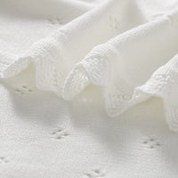 White cotton knit baby baptism and christening blanket with delicate eyelet pattern.
