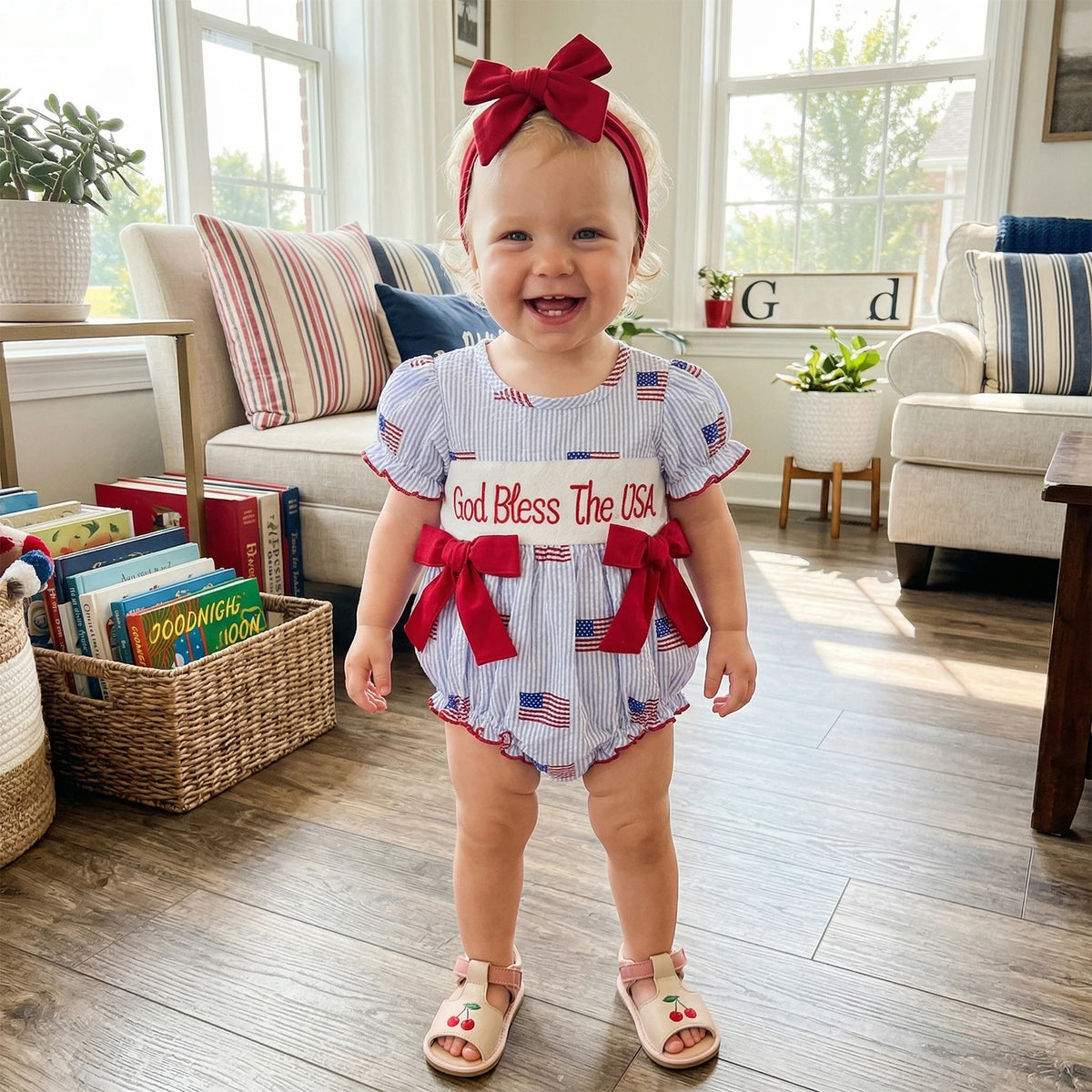 'Anna' American Flag Seersucker Romper with Adorable Bows and Headband - The Palm Beach Baby Estimated 12 - 18 Day Shipping