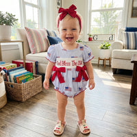 'Anna' American Flag Seersucker Romper with Adorable Bows and Headband - The Palm Beach Baby Estimated 12 - 18 Day Shipping
