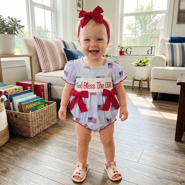 'Anna' American Flag Seersucker Romper with Adorable Bows and Headband - The Palm Beach Baby Estimated 12 - 18 Day Shipping