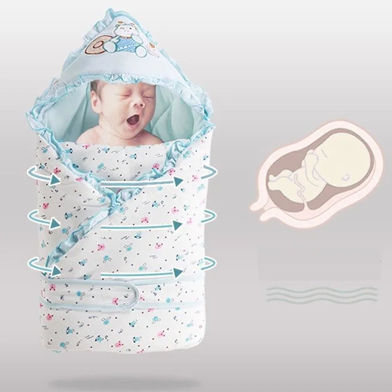 Infant peacefully sleeping in a breathable 'Animal Cutie' baby swaddle wrap showcasing a unique anti-kick design.
