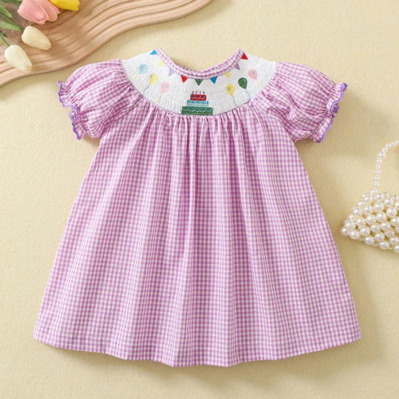 Delightful "Birthday Girl" Dress with Purple Check Print & Cute Cake Embroidery for Ages 7M-6Y - The Palm Beach Baby