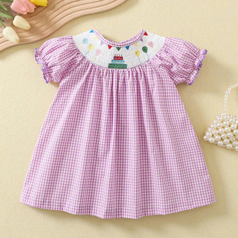 Delightful "Birthday Girl" Dress with Purple Check Print & Cute Cake Embroidery for Ages 7M-6Y - The Palm Beach Baby
