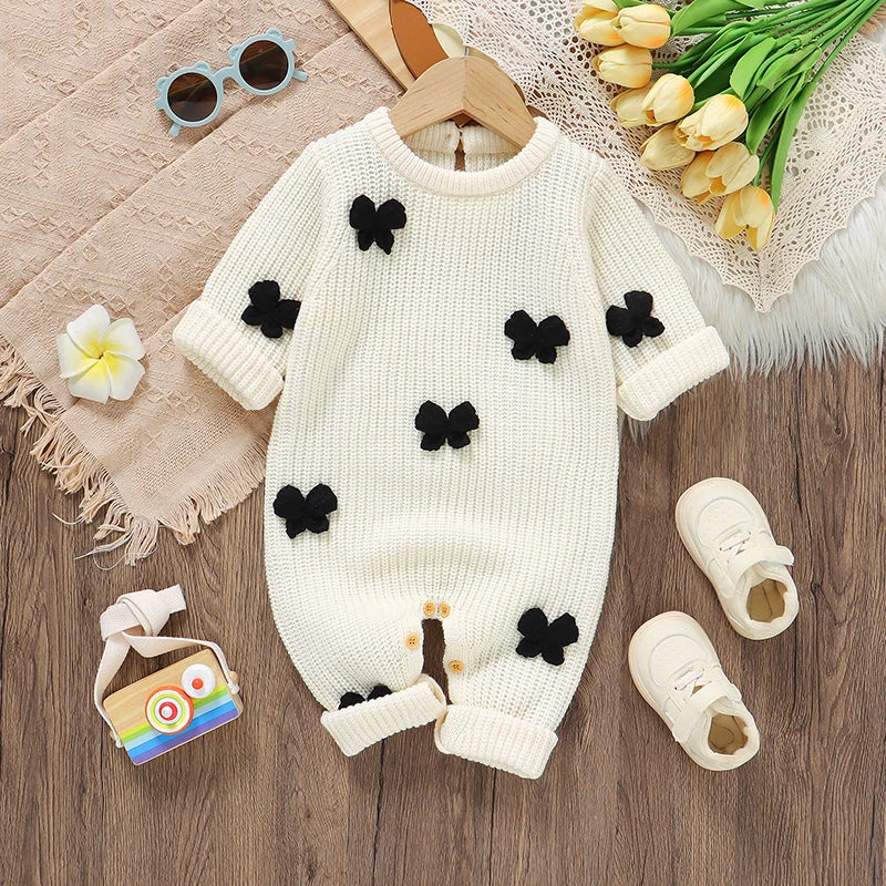 "Bow Baby" Long Sleeve Knitted Baby Romper - 3 Colors