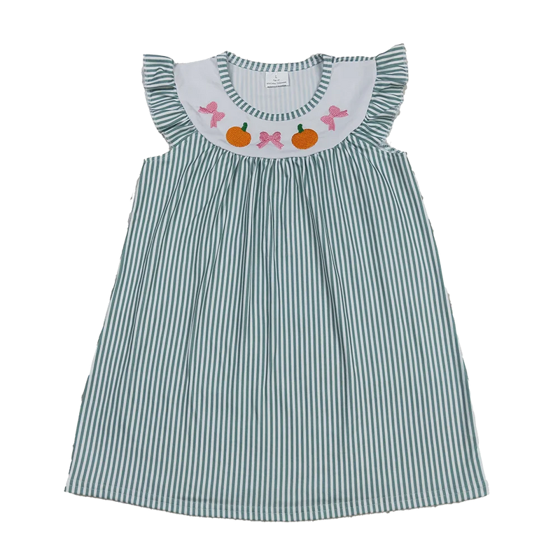 Pumpkin and Bows Embroidered Green Stripe Dress