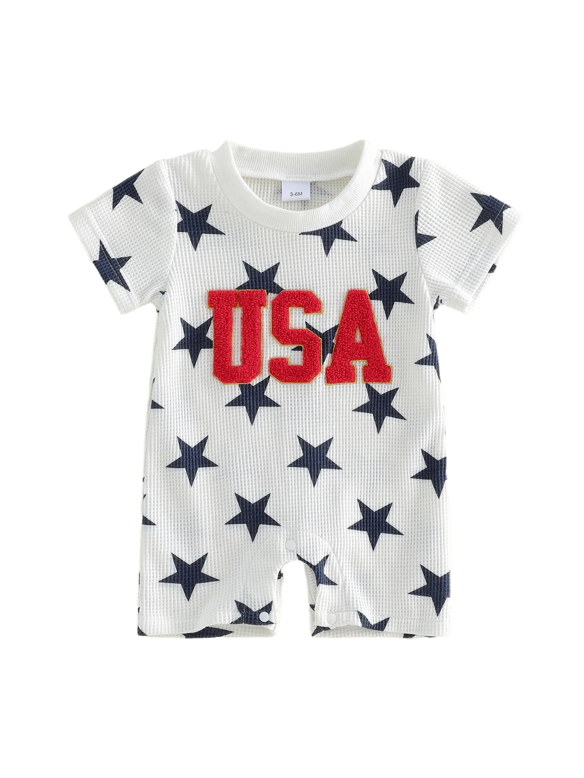 Baby romper with star pattern and 'USA' text on a white background