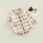 Flat lay of the Fallon Cozy Khaki Baby Knitted Romper, featuring a stylish plaid design, designed for babies from 0-24 months.