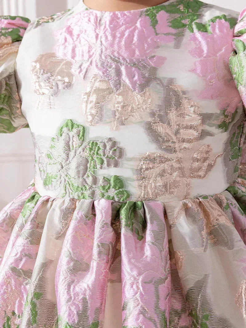 Jacquard Pamela Princess Puff Flowers Dress in pink-green floral jacquard with puff sleeves