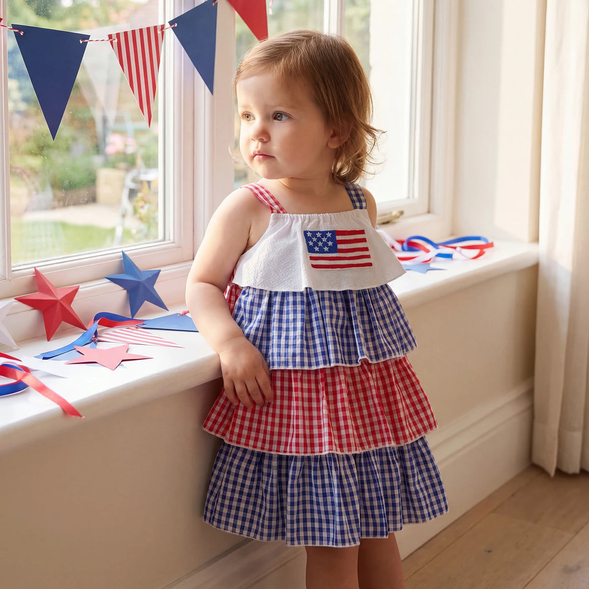 Pauline Patriotic Red, White, and Blue Tiered Toddler Party Dress - Adorable Frills - The Palm Beach Baby Esrimated 13-19 Day Shipping