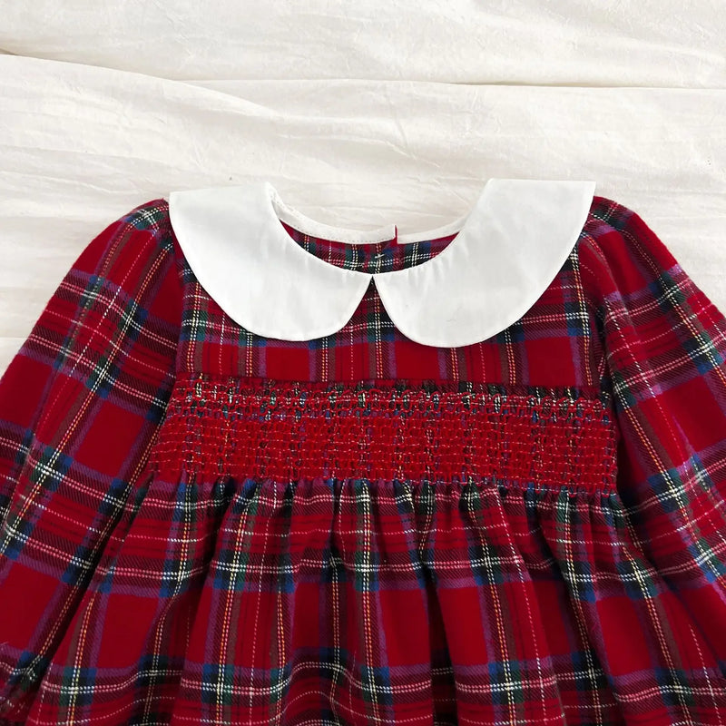 "Pamela Plaid" Smocked Long Sleeve Bubble - Classic Peter Pan Collar