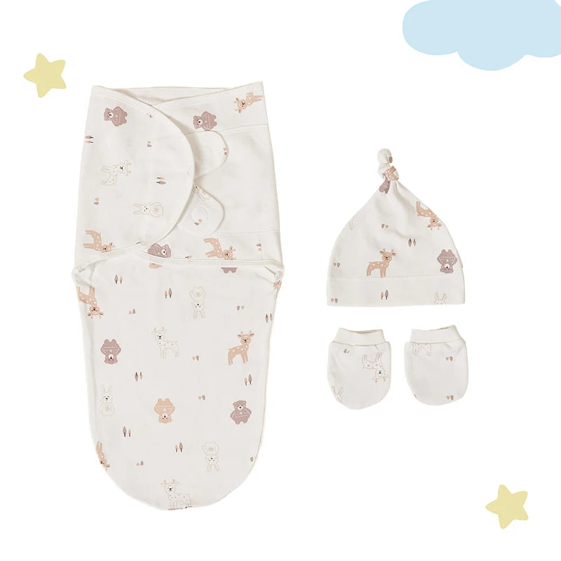 Cozy Baby Swaddle Set showcasing woodland animals, designed for warmth and relaxation for infants.