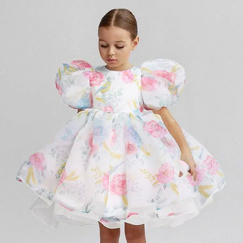 Celeste Elegant Dress for Girls - Puff Sleeves, Ruched Skirt, Wrinkle-Resistant Fabric - The Palm Beach Baby