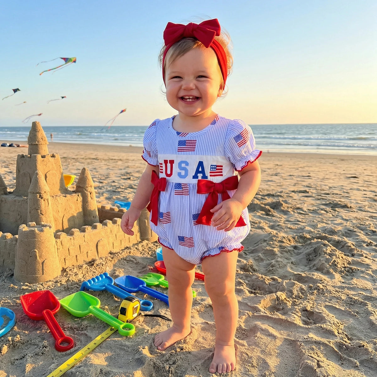 'Anna' American Flag Seersucker Romper with Adorable Bows and Headband - The Palm Beach Baby Estimated 12 - 18 Day Shipping