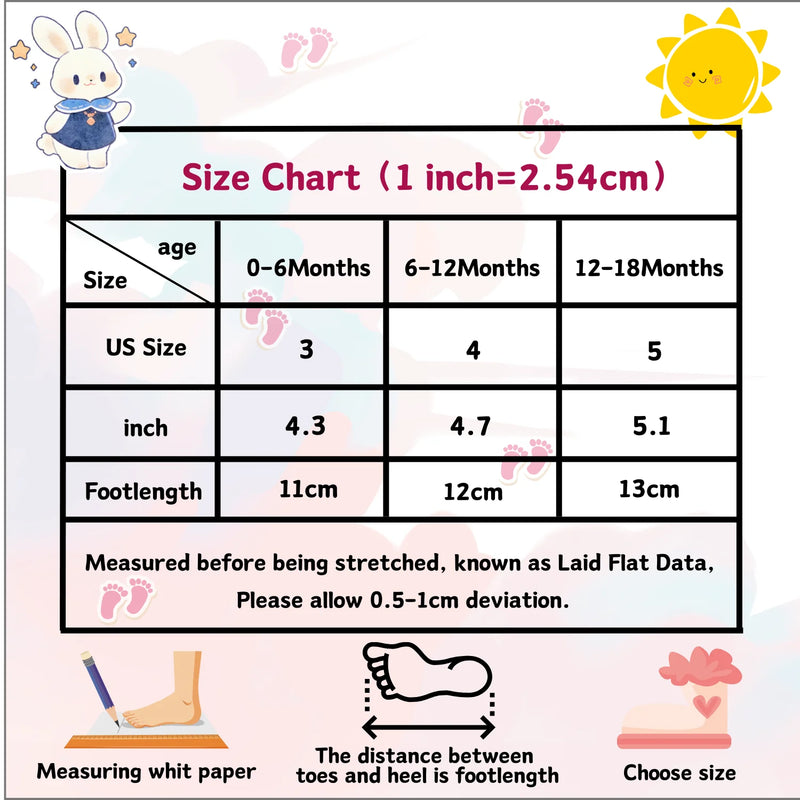 Size chart for 'Cowboy Kate' Anti-Slip Baby First Walker Boots, detailing fit for newborns up to 18 months.
