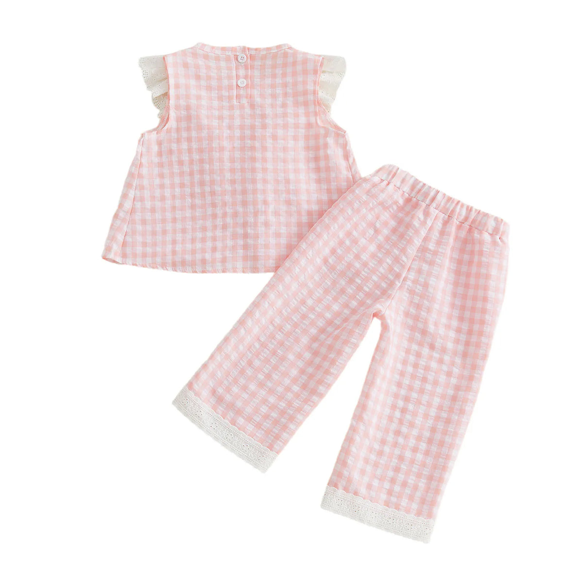 Pink gingham eyelet and checks two-piece pant set for little girls with flutter sleeves and lace-trimmed pants.