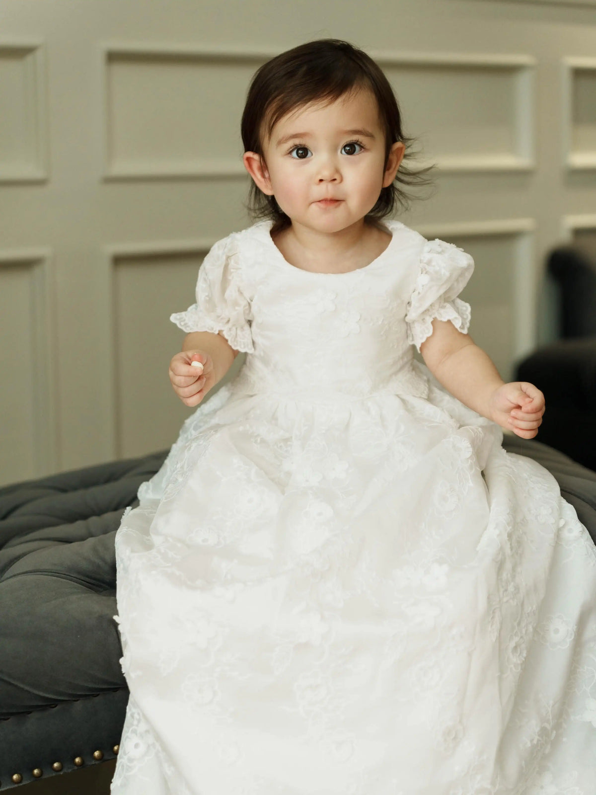 Remy Christening Gown for Babies and Toddlers - Puff Sleeve Elegance