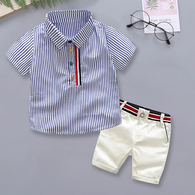 Jordan-James Preppy Shorts Set for Boys featuring a classic blue and white striped shirt with playful multi-colored buttons and crisp white shorts.