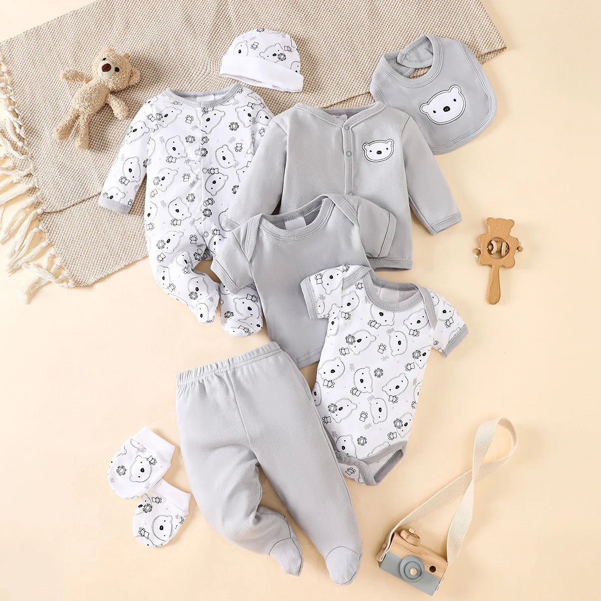 8-Piece Baby Layette Set in grey bear print, 100% cotton, for 0-9M infants (rompers, top, pants, hat, bib, mittens).