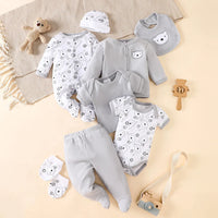 8-Piece Baby Layette Set in grey bear print, 100% cotton, for 0-9M infants (rompers, top, pants, hat, bib, mittens).