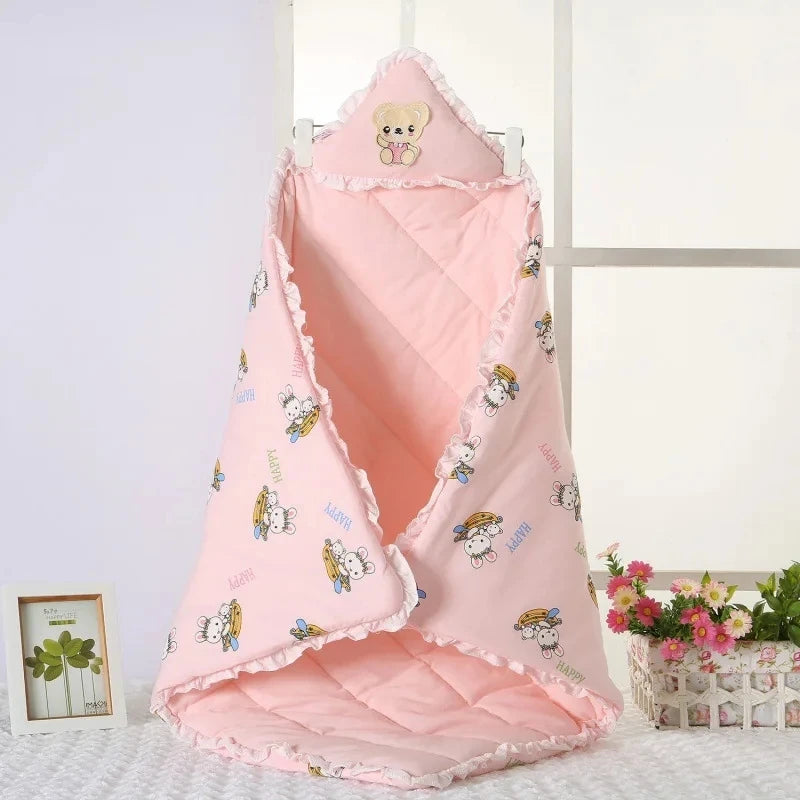 Infants Swaddle Wrap in pink featuring cheerful bear designs, perfect for keeping your baby warm and happy.