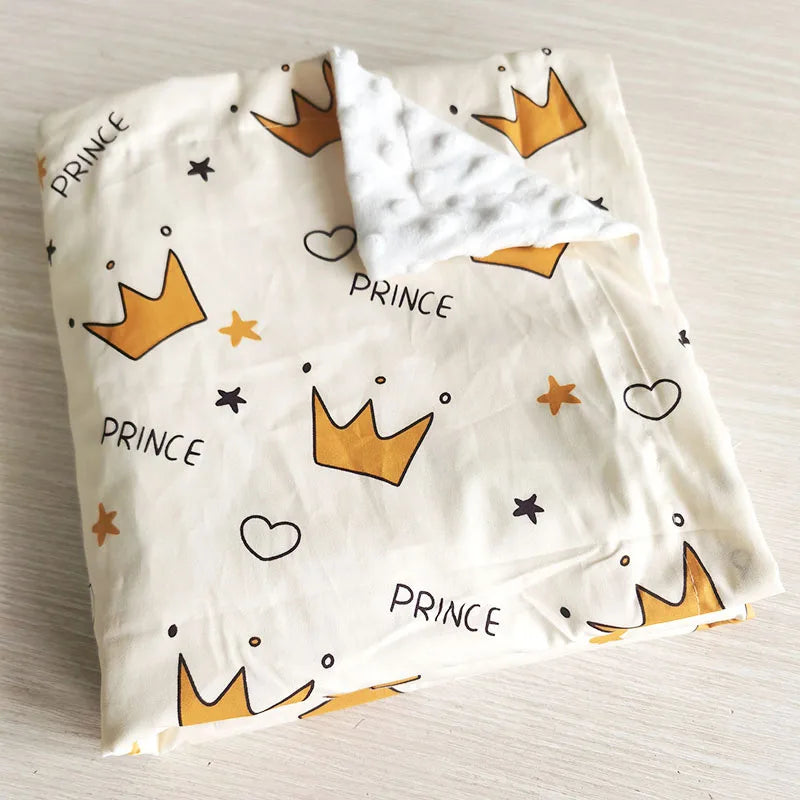 White dotted Minky blanket with yellow crown prints and PRINCE lettering for babies and young children.