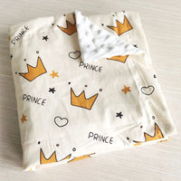 White dotted Minky blanket with yellow crown prints and PRINCE lettering for babies and young children.