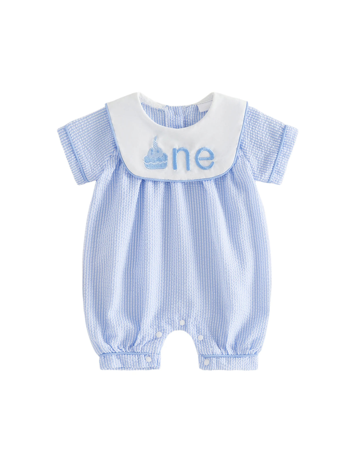 First Birthday Wishes seersucker romper in Boca Blue and Wentworth White with embroidered 'One' cupcake on bib.
