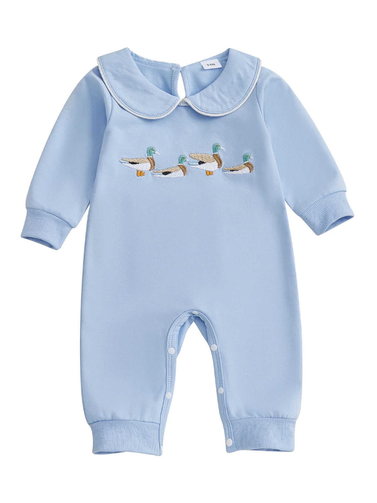 Little Ducks Preppy Boca Blue Romper for Babies - Long Sleeved with Peter Pan Collar