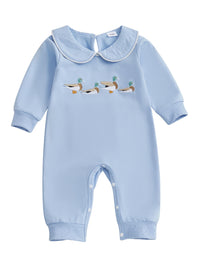 Little Ducks Preppy Boca Blue Romper for Babies - Long Sleeved with Peter Pan Collar