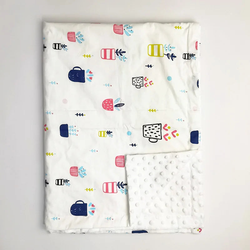 Soft baby minky blanket featuring colorful cactus and pot prints. 100x75cm plush dot texture perfect for toddler playmats or baby gifts.