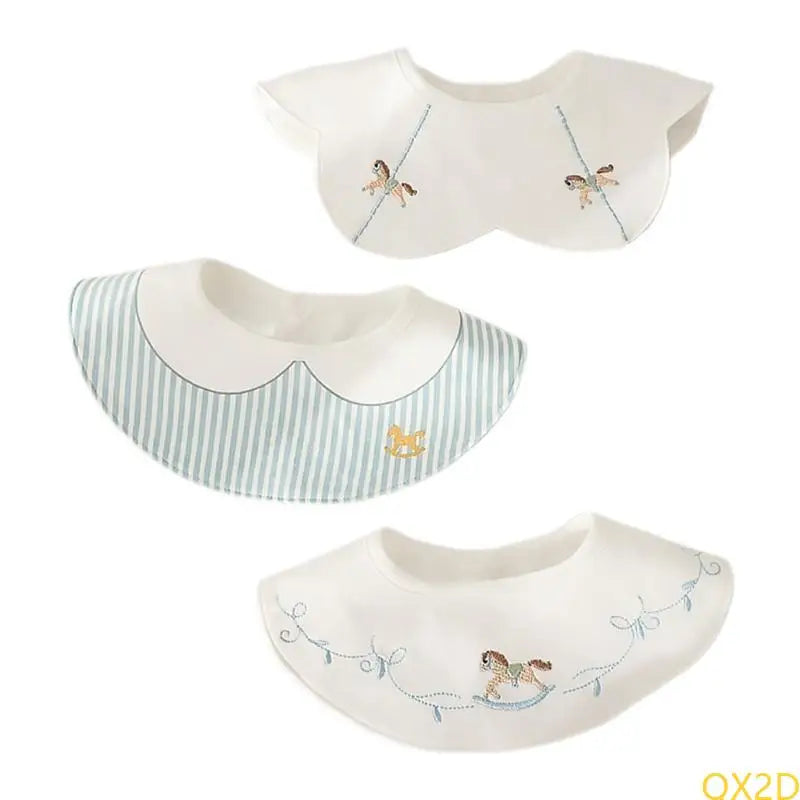 3-piece waterproof baby bibs set with embroidered rocking horse and striped cotton designs