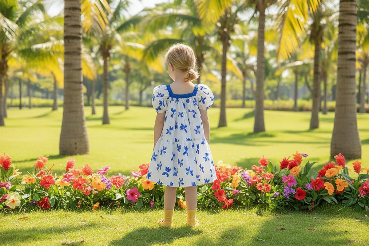 Child wearing a white dress with blue floral patterns in a room.