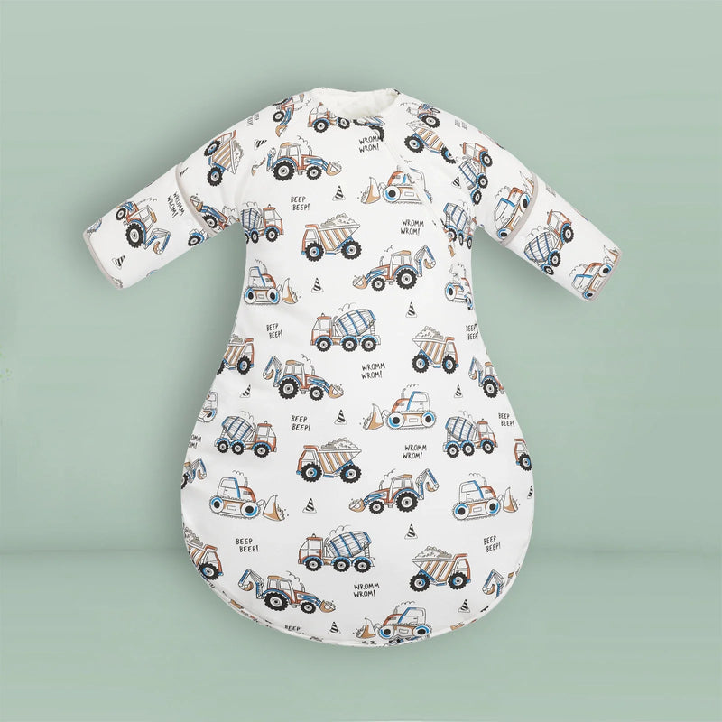 Cozy Baby Sleep Sack With Detachable Sleeves featuring a fun construction vehicle print, perfect for keeping babies cozy while they sleep.