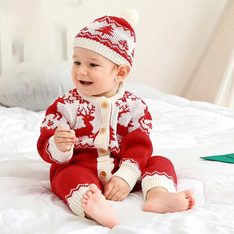 "Reindeer Love" Adorable Winter-Themed Baby Knit Rompers