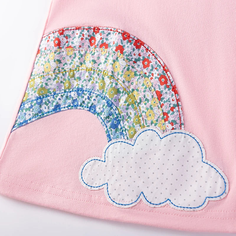 Applique detail of a colorful rainbow and cloud on the Little Rainbow Girls Casual Dress, showcasing its whimsical style for girls.