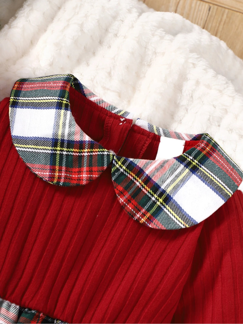 Close-up of the collar on the Pretty in Red Plaid Girls Dress, featuring a playful Peter Pan style in matching plaid.