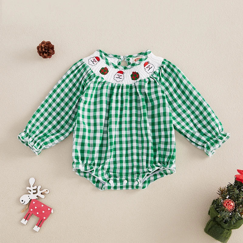 Holiday Cuteness Smocked Baby Bubbles in green gingham with festive holiday rose embroidery, ideal for your little one's holiday celebrations.